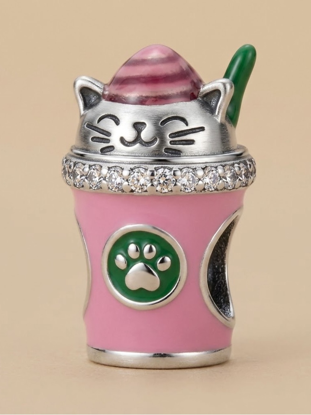Silver Cat Paw Pink Enamel Pet Charm Bead